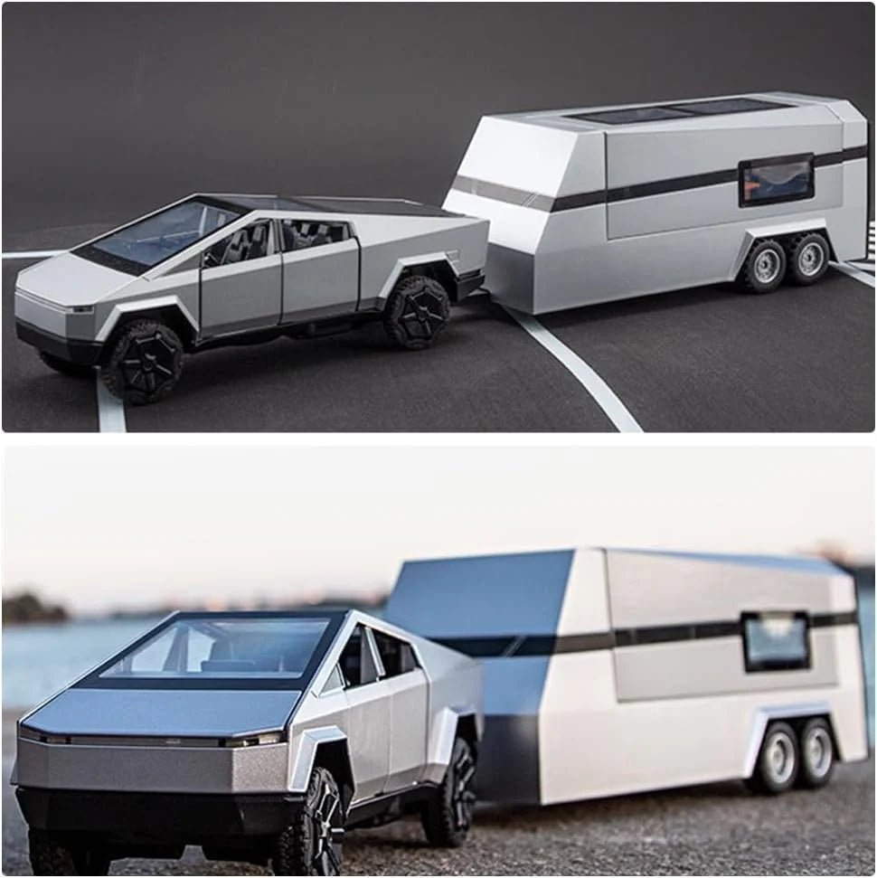 Tesla Pickup Trailer RV Model Kit, Off-Road Vehicle Alloy,Car Model Diecast Metal Toy,Truck Model Simulation Sound Light,Gifts for boy Girl. (with RV Silver)