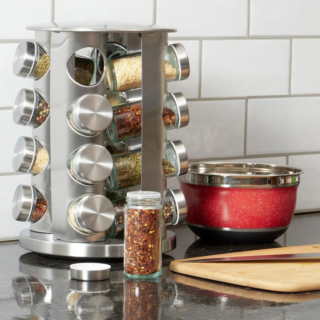 Stainless Steel 16 pcs Jars Rotating Spice Jar Rack Set Seasoning Stand Holder Condiment Salt Pepper Shaker Kitchen Tools